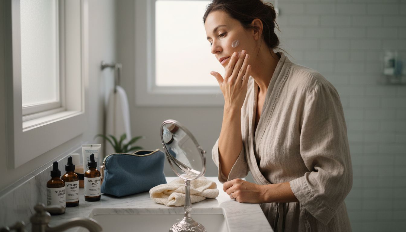 Woman applying skincare cream in sunlit bathroom
