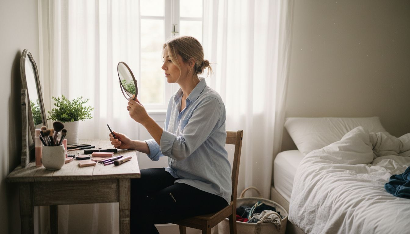 Woman assessing facial features in natural light