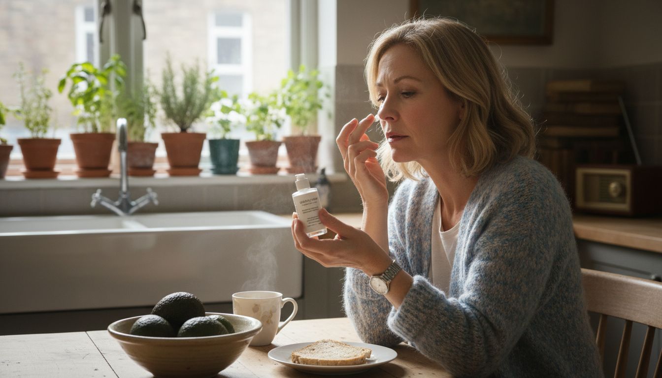 Woman applying serum in sunny kitchen