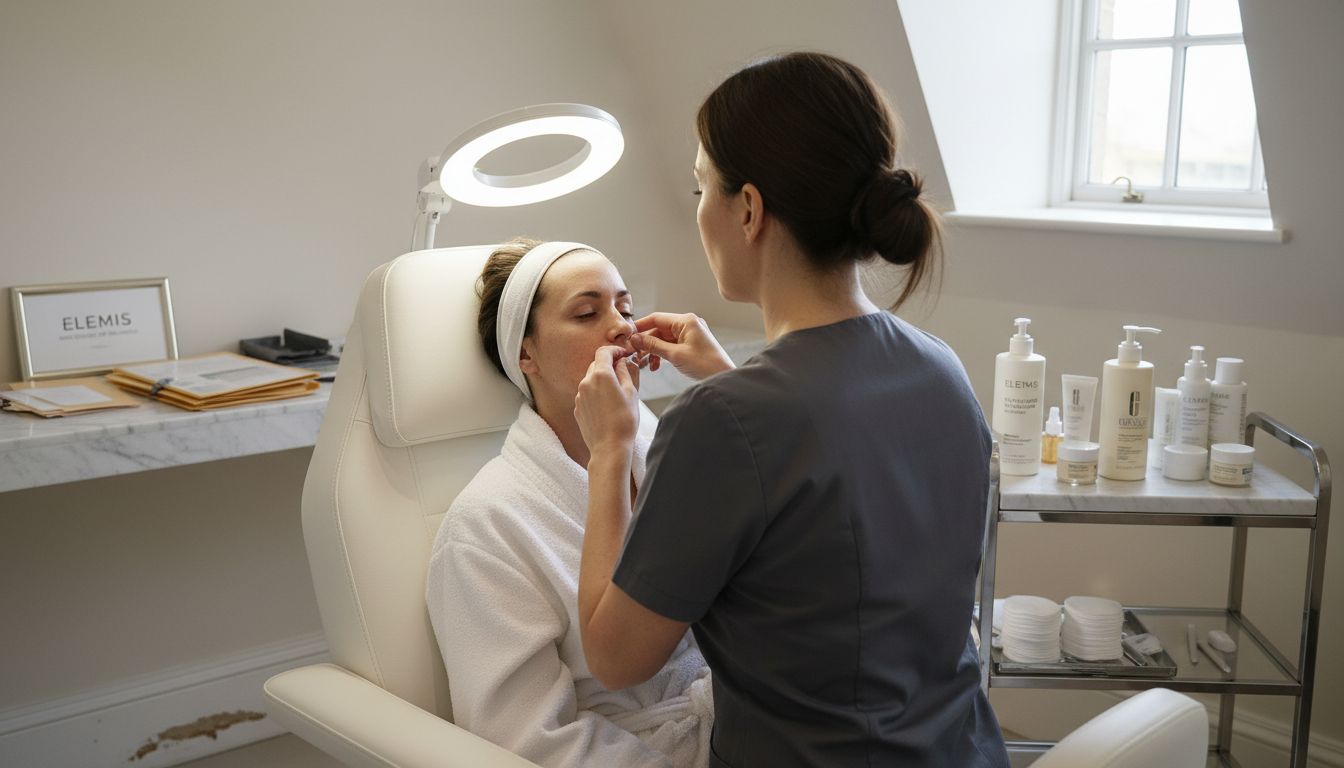 Skin specialist examining client in clinic