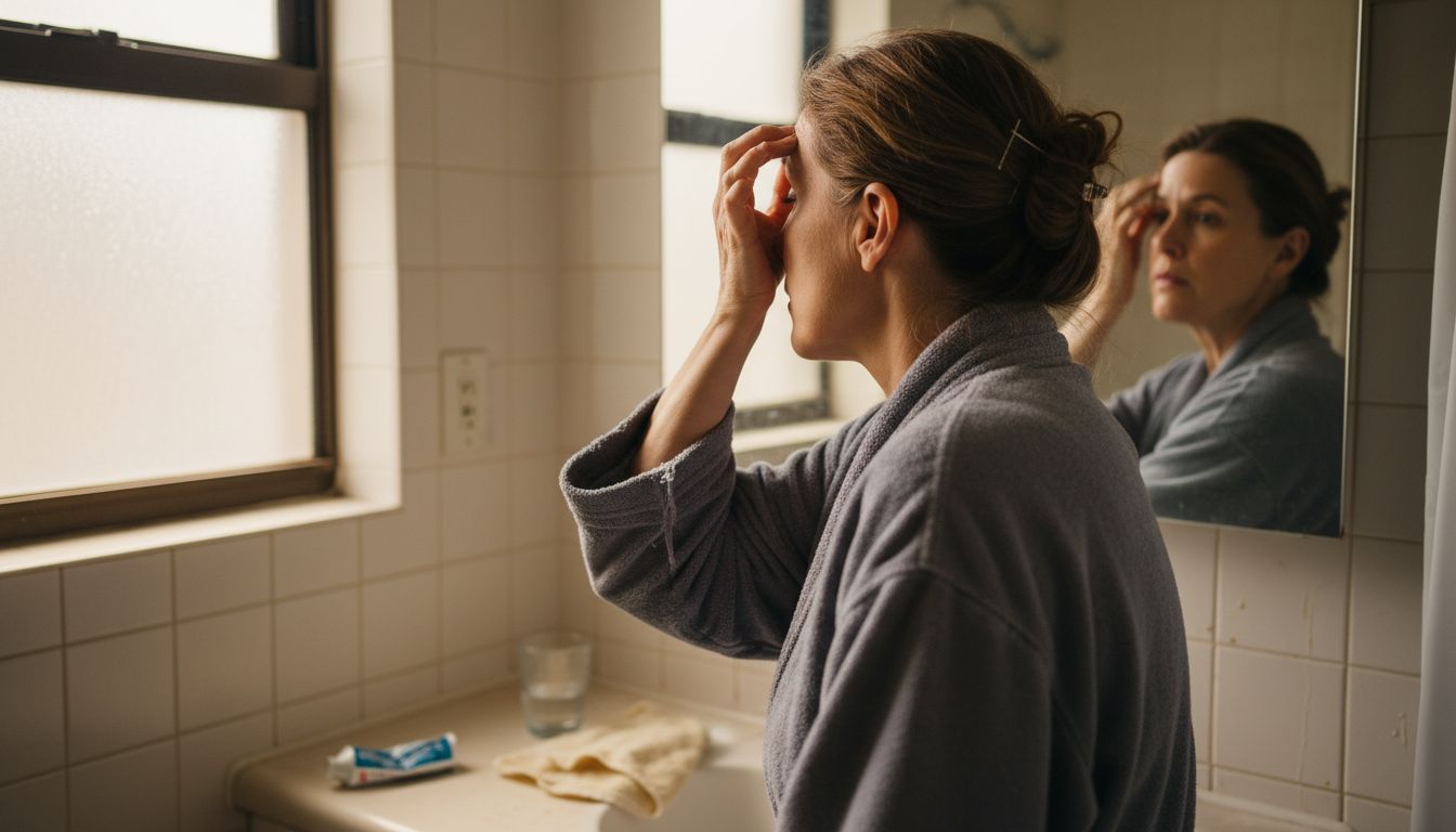 Woman checks facial wrinkles in bathroom mirror
