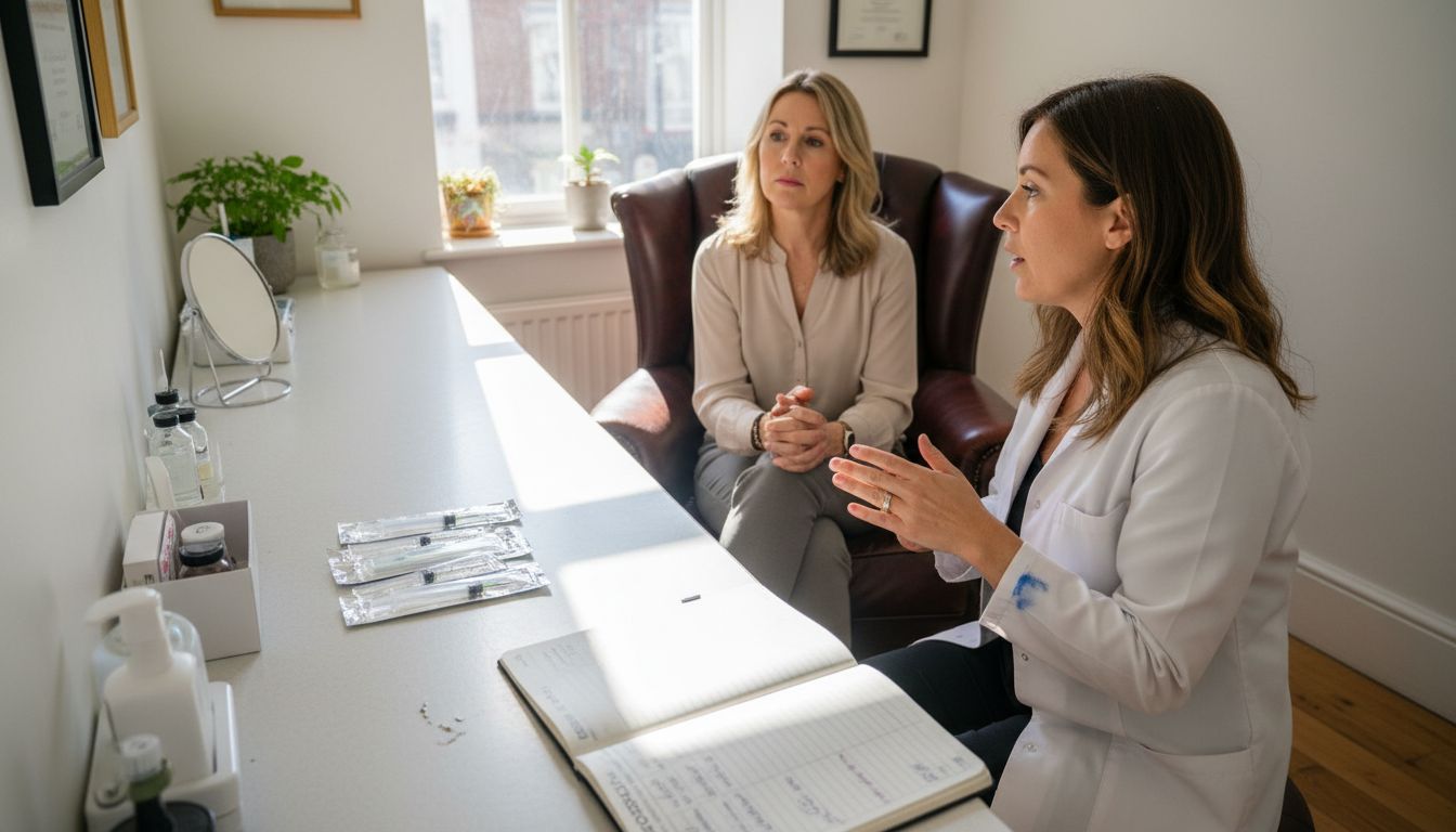 Clinician explaining non-permanent fillers in clinic