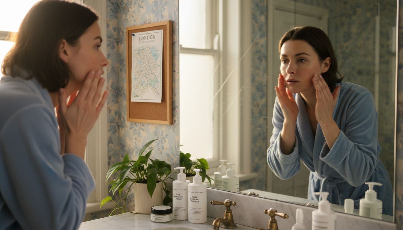 Woman doing skincare in London bathroom