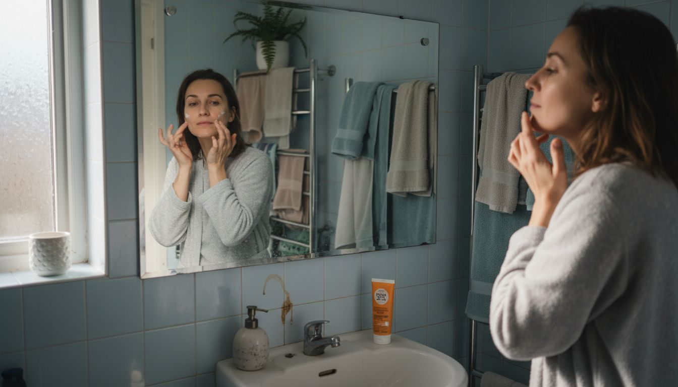 Woman applying skincare in apartment bathroom