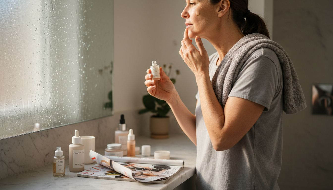 Mature woman applying serum for skincare