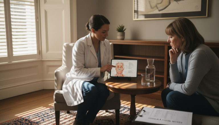 Practitioner consulting with client in clinic room