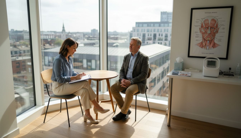 Practitioner conducting facial assessment with client