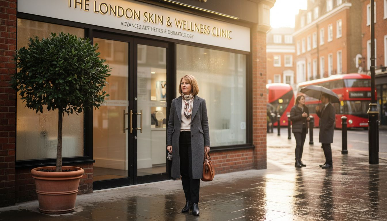 London clinic exterior with morning city bustle