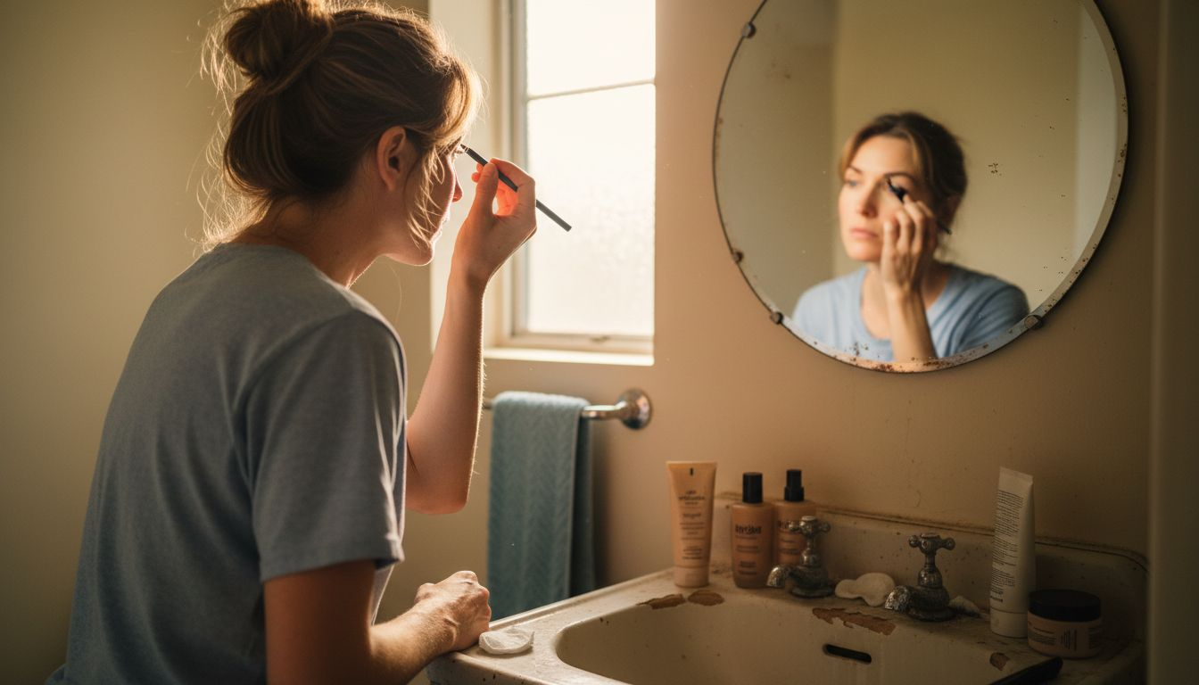 Woman using brow pencil examines eyebrows in bathroom mirror