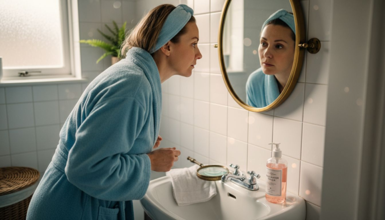 Woman inspecting forehead in bathroom mirror