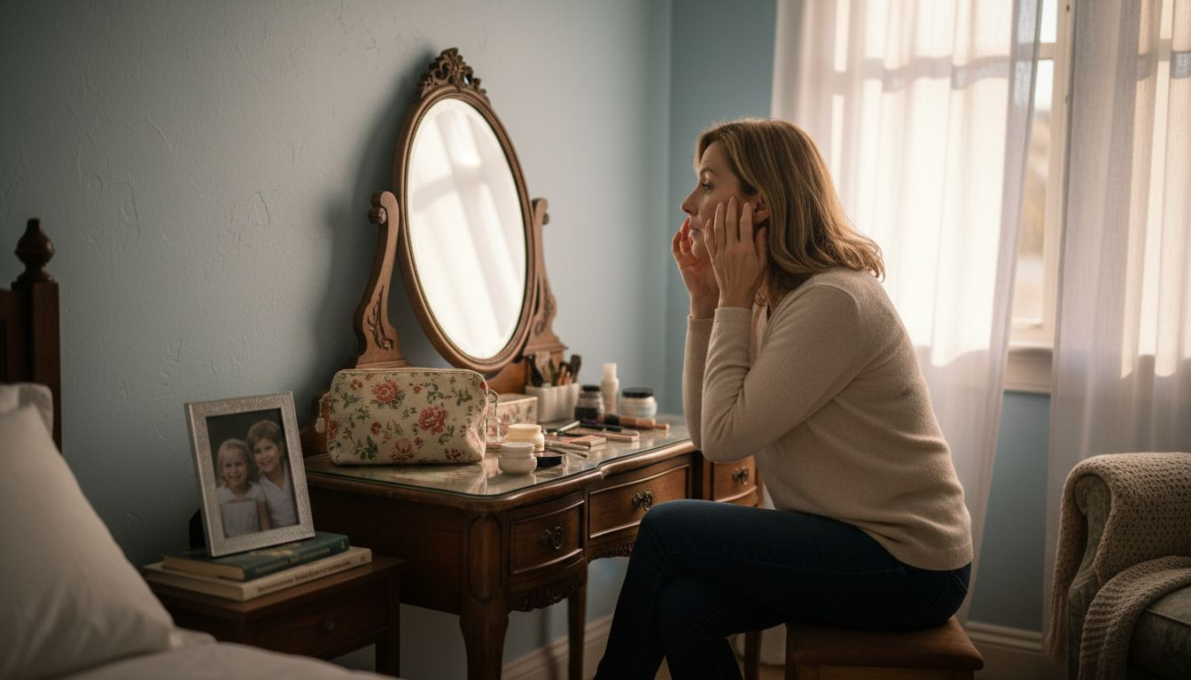 Woman examining fine lines by vanity mirror