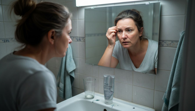 Woman examining forehead wrinkles in mirror