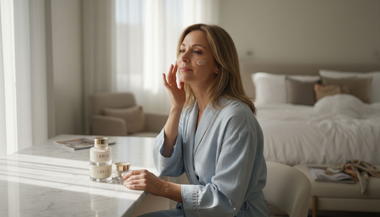 Woman applying facial cream at vanity