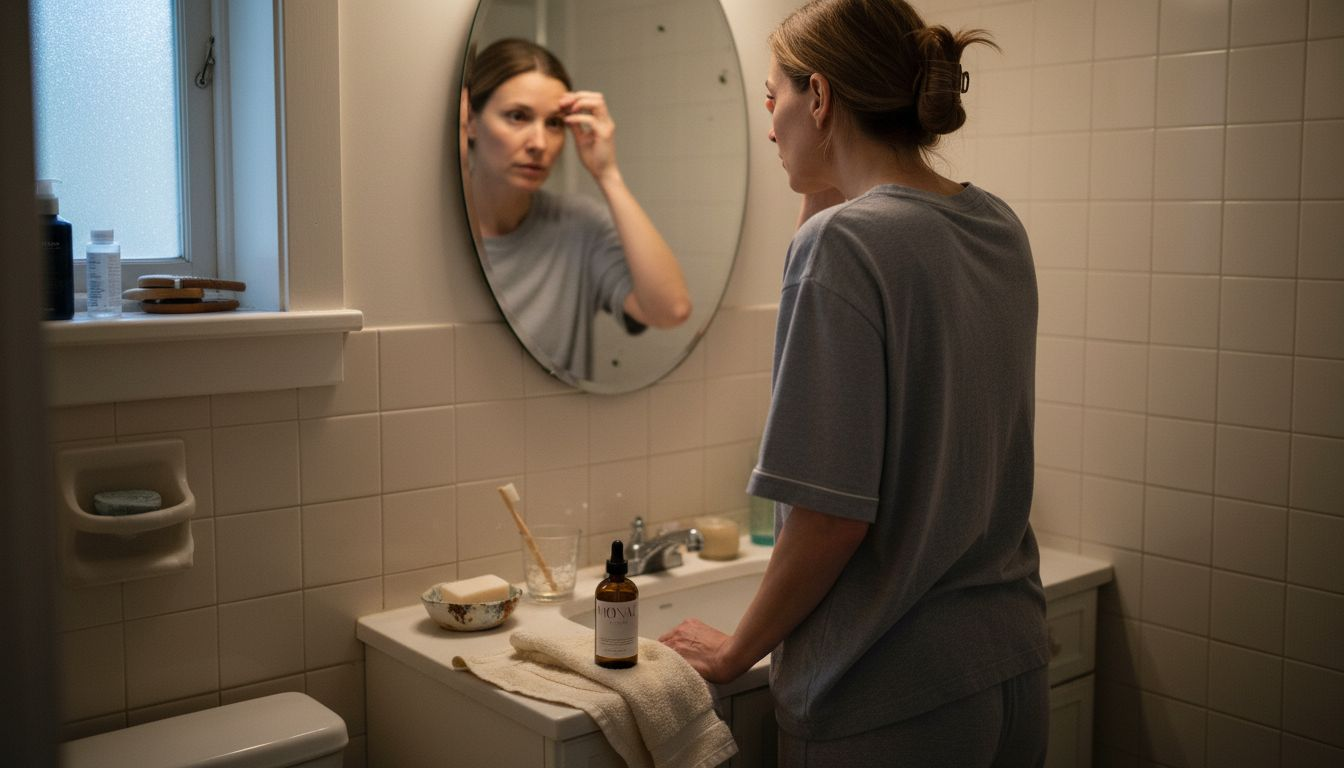 Woman checking forehead for glabellar lines