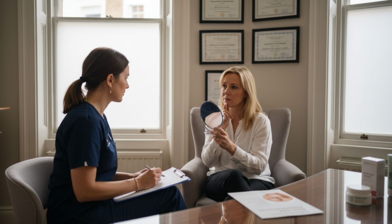 Middle-aged woman at skin clinic consultation