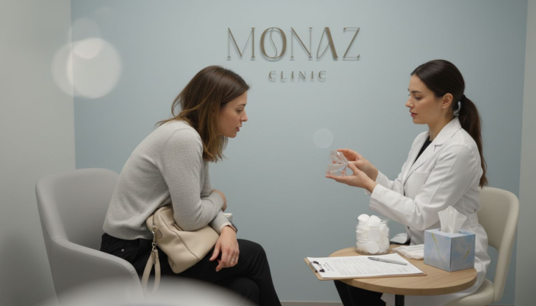 Patient discussing lip injections at consultation