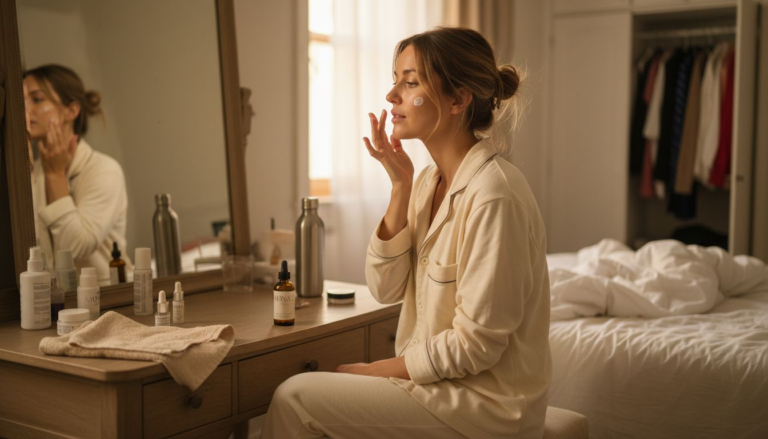 Home 11 Woman applies moisturizer in sunlit bedroom