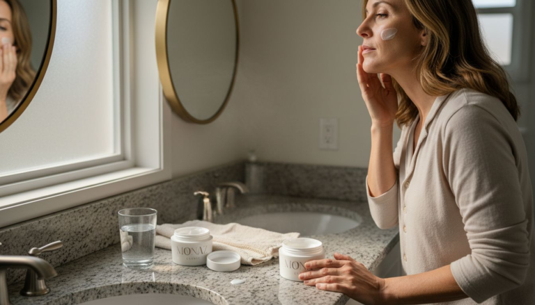 Woman applying anti-wrinkle cream in bathroom