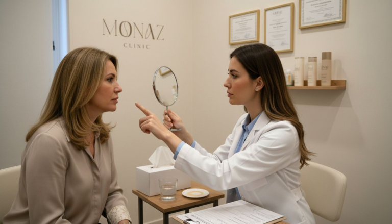 Patient and dermatologist discuss nasolabial fold treatment