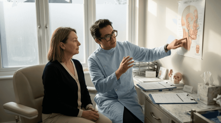 Patient consulting surgeon for brow lift