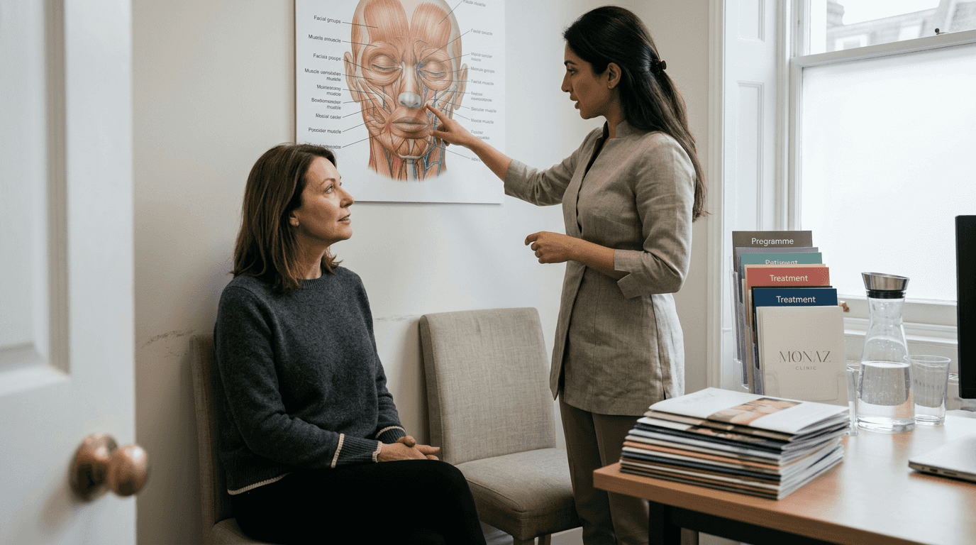 Client in London clinic discussing wrinkle treatment