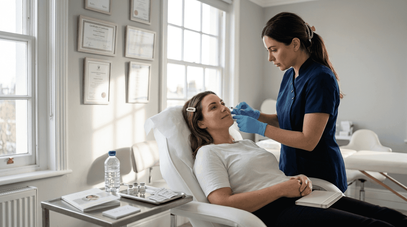 Woman receiving facial treatment in clinic