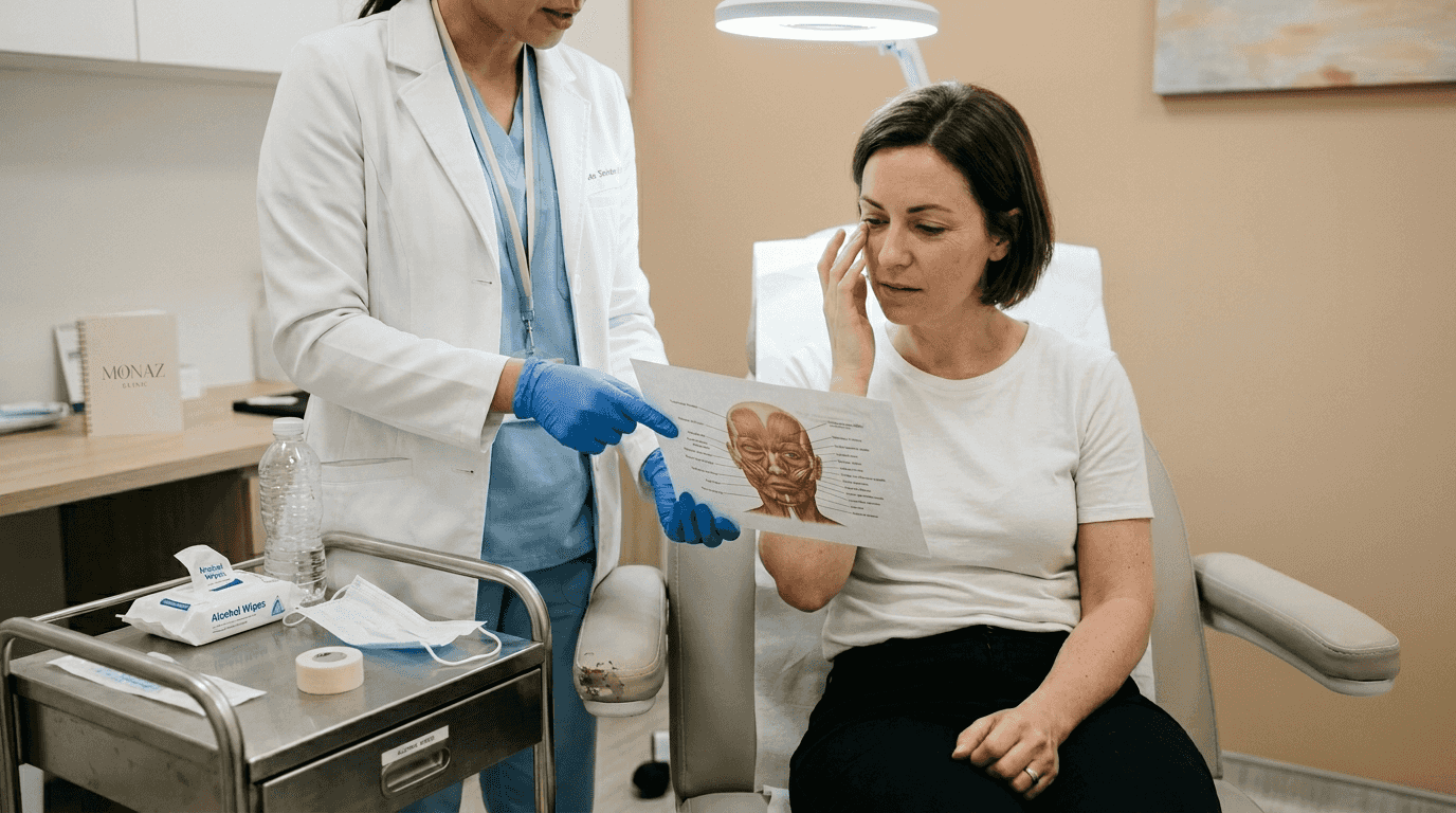 Patient consults for tear trough filler in clinic