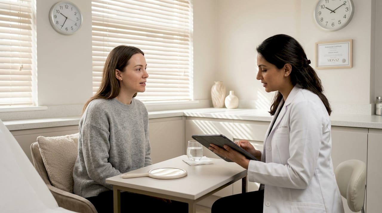 Woman consulting practitioner at skincare clinic