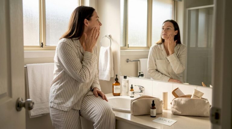 Home 11 Woman massaging moisturizer in sunlit bathroom