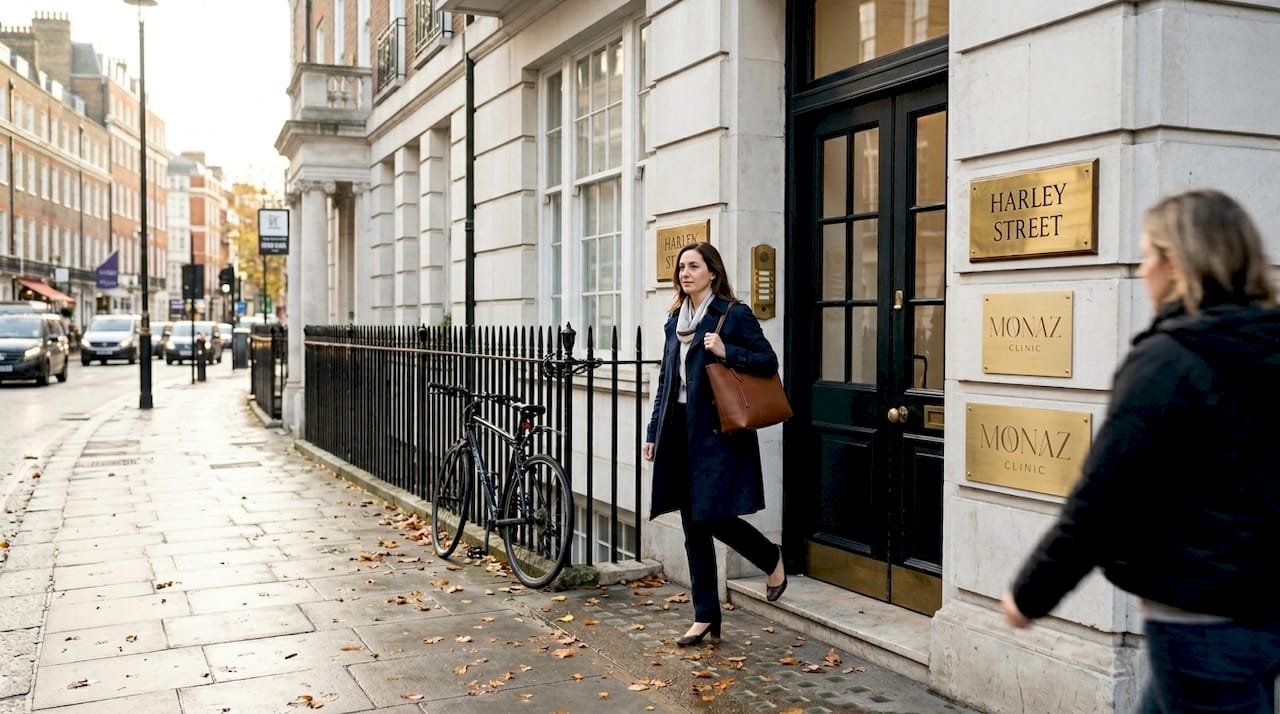 Woman leaving Harley Street clinic entrance
