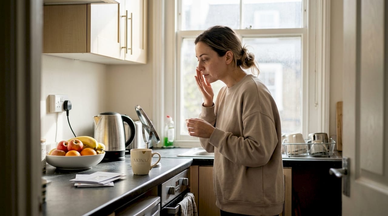 Woman caring for skin in kitchen morning light