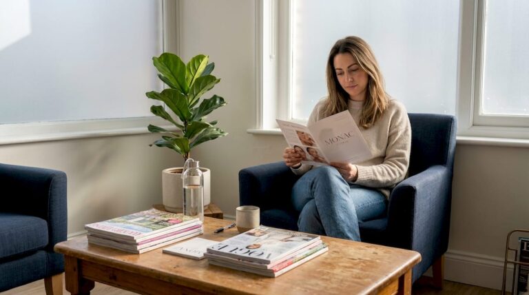 Woman reading brochure in London clinic waiting room