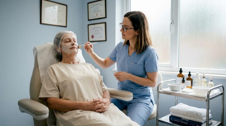 Dermatologist applying facial in clinical setting