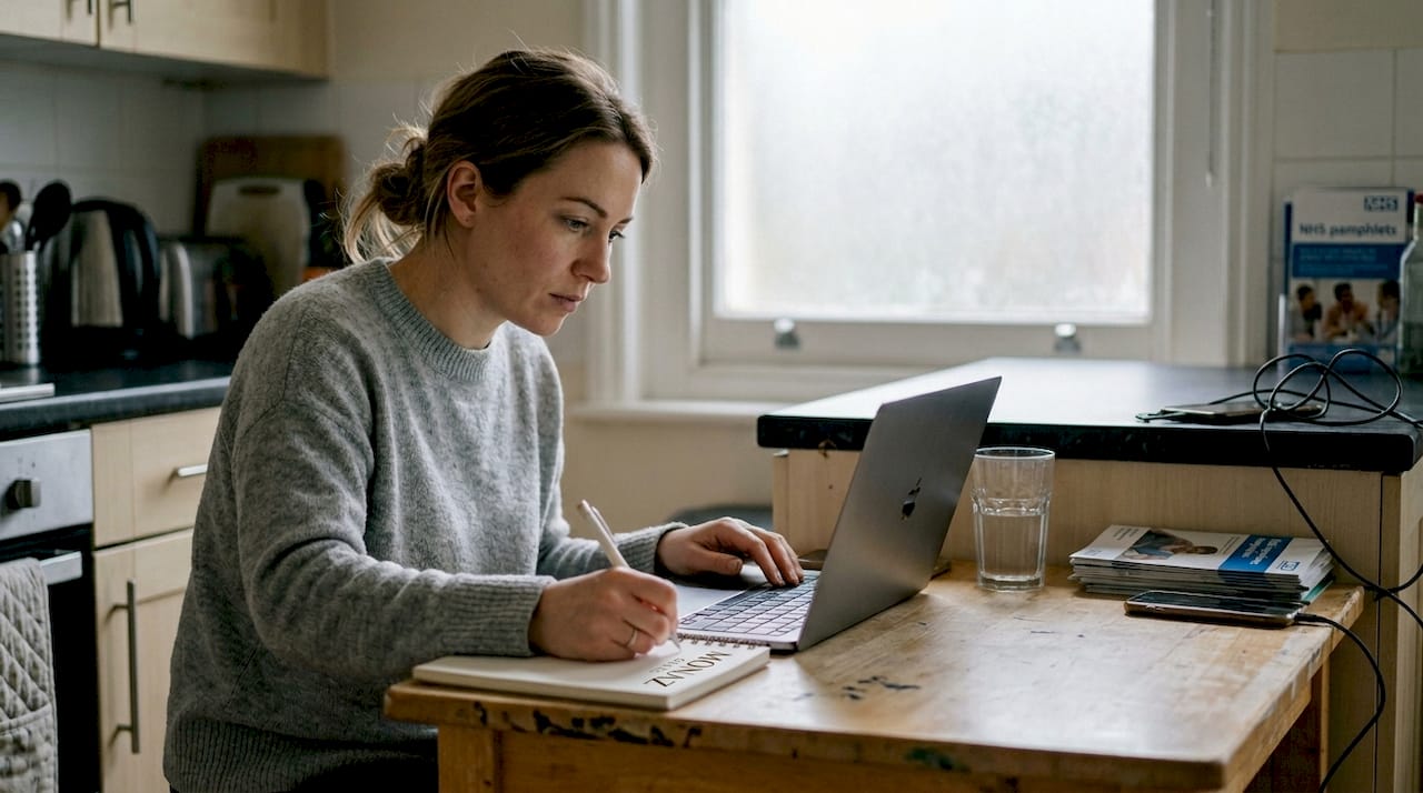 Woman researching facial aesthetics clinics at kitchen table