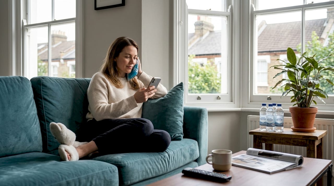 Woman using ice pack after injectable at home