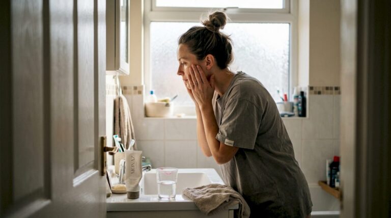 Home 11 Woman patting face after morning skincare