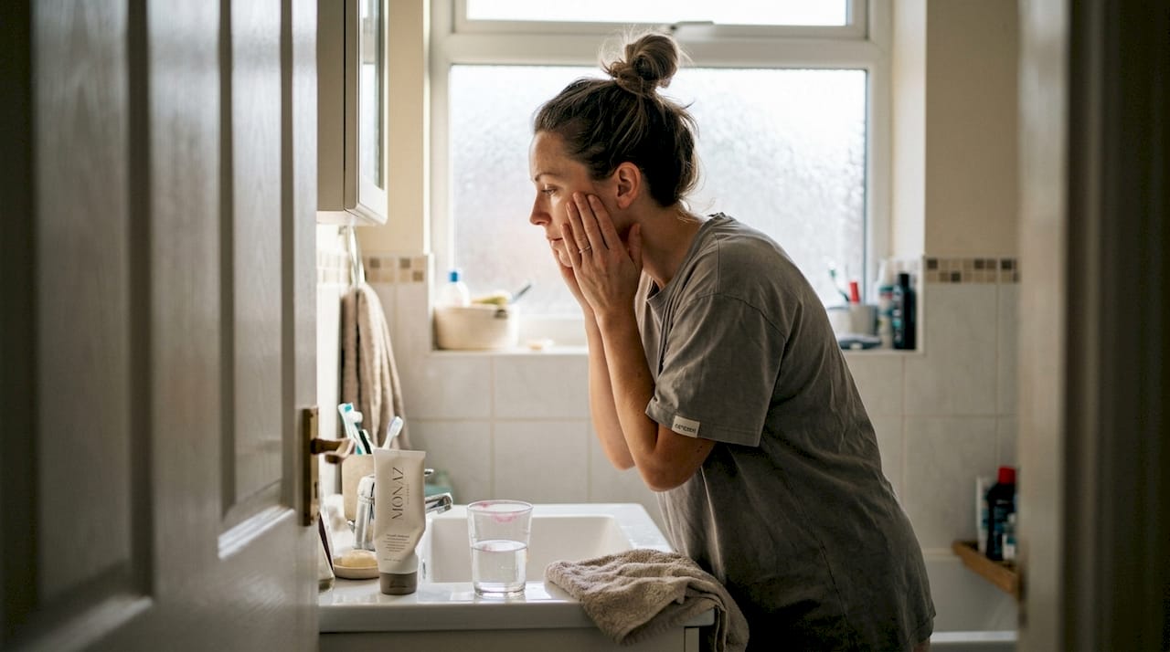 Woman patting face after morning skincare