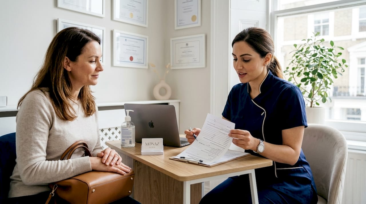 Nurse consulting client in London aesthetics clinic