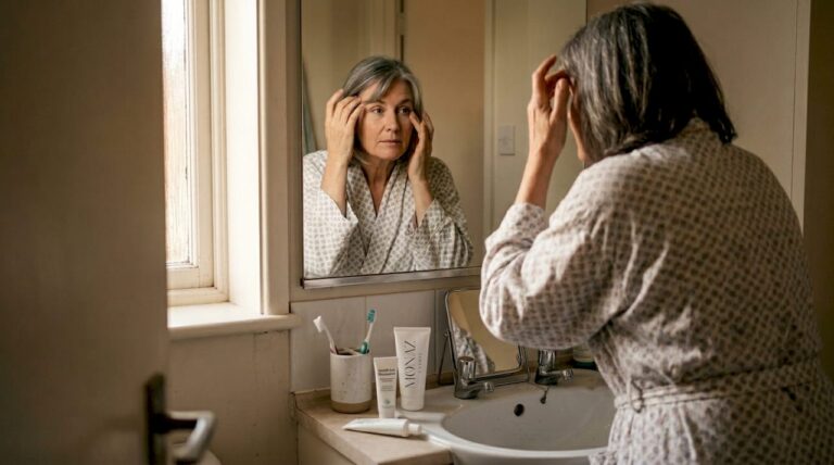 Home 11 Woman checking for crow’s feet in home bathroom