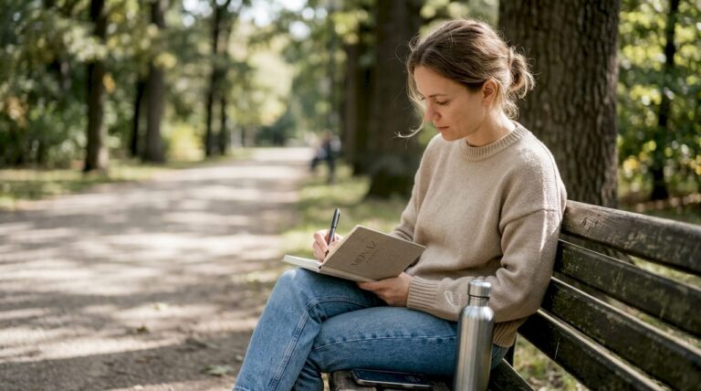 Woman reflecting on aesthetic confidence outdoors