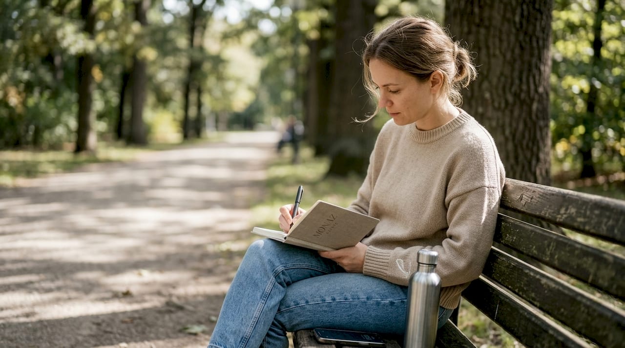 Woman reflecting on aesthetic confidence outdoors