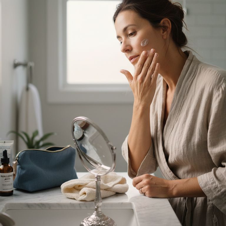Woman applying skincare cream in sunlit bathroom