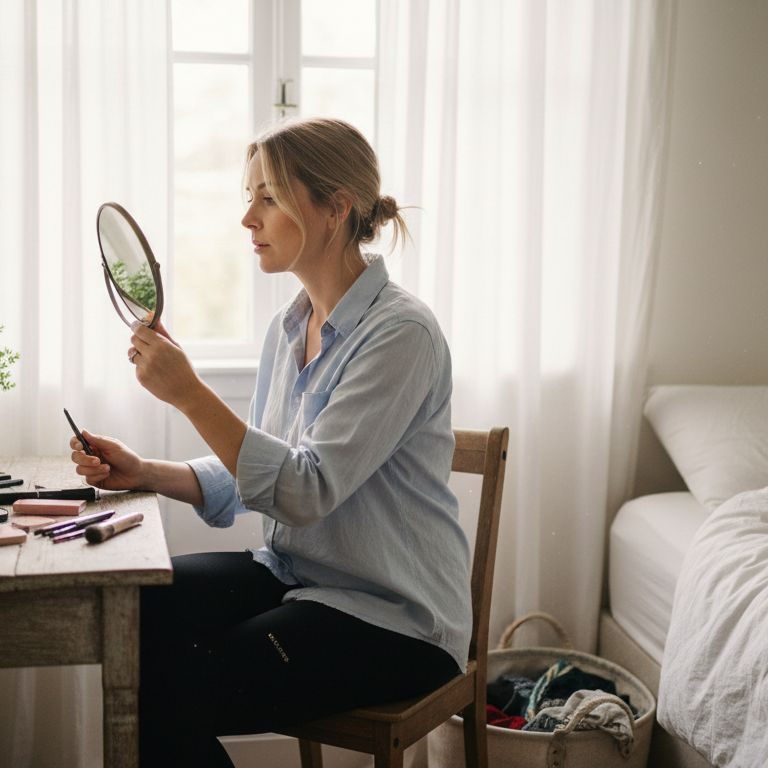 Woman assessing facial features in natural light