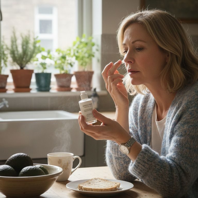Woman applying serum in sunny kitchen