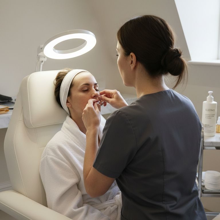 Skin specialist examining client in clinic