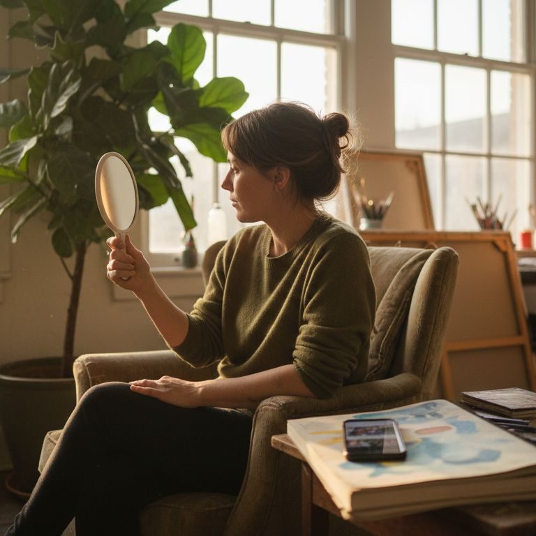 Woman reflecting on facial harmony in studio