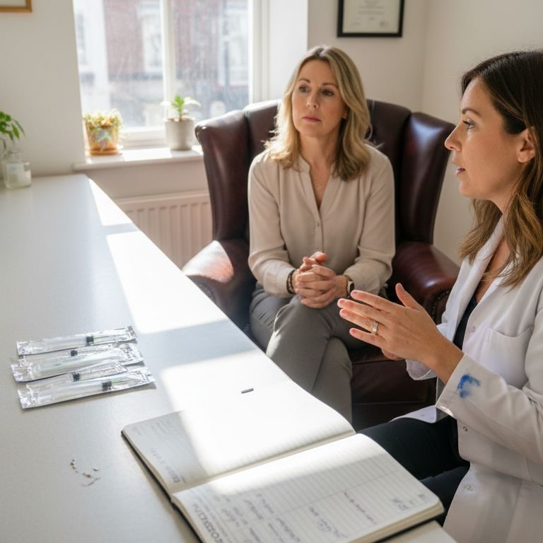 Clinician explaining non-permanent fillers in clinic