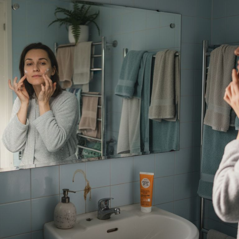 Woman applying skincare in apartment bathroom