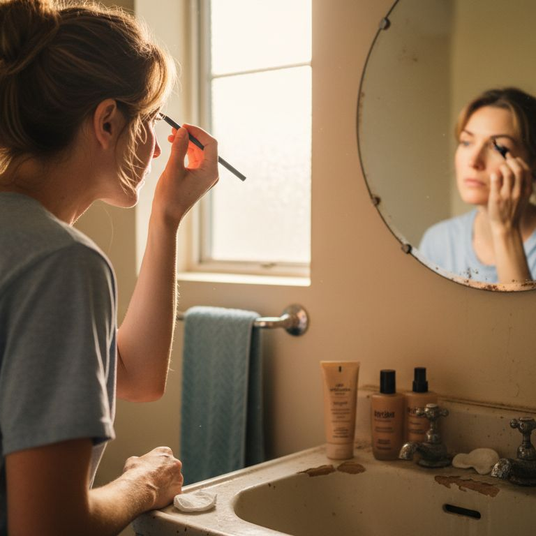Woman using brow pencil examines eyebrows in bathroom mirror