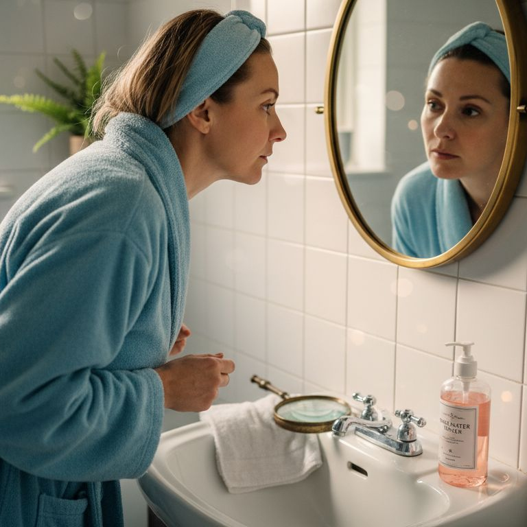 Woman inspecting forehead in bathroom mirror
